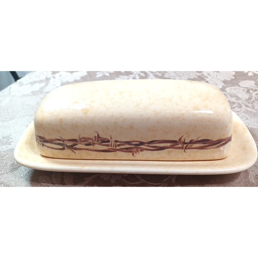Cowboy Living Barbwire Covered Butter Dish w Lid Eve Armson 8x4 Western *READ